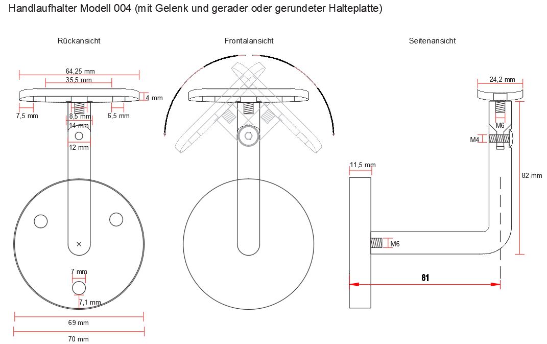 Halter-Typ-004 Handlaufhalter 04 Edelstahl, einstellbare gerundete Halteplatte Zeichnung
